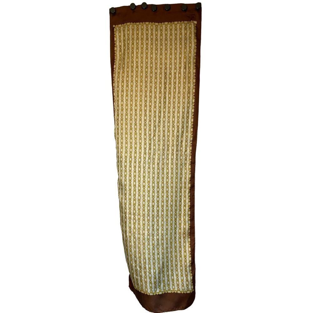 Glentex long silk scarf white brown trim gold chain pattern vintage